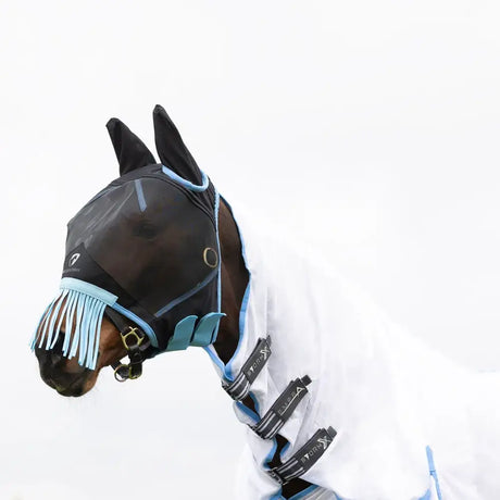 Hy Equestrian Mesh Half Mask with Ears and Fringe Black /Light Blue Small Pony Fly Masks
