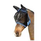 Black mesh fly mask with blue trim and adjustable straps featuring eye darts for equestrian mesh half use