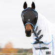 Black mesh fly mask with light blue trim and adjustable straps worn by horse hy equestrian mesh half mask without ears