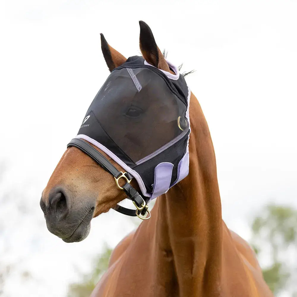 Black and lavender hy equestrian mesh half mask with adjustable straps and mesh netting for fly protection