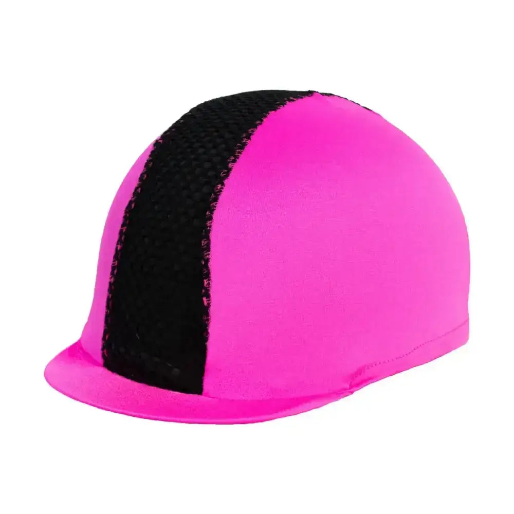 Bright pink hy equestrian mesh hat cover with black mesh stripe for stylish riding attire protection