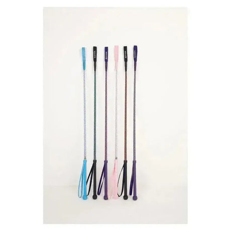 Five colorful hy equestrian metallic riding whips with colour spiral braiding and additional metallic braid handles and straps