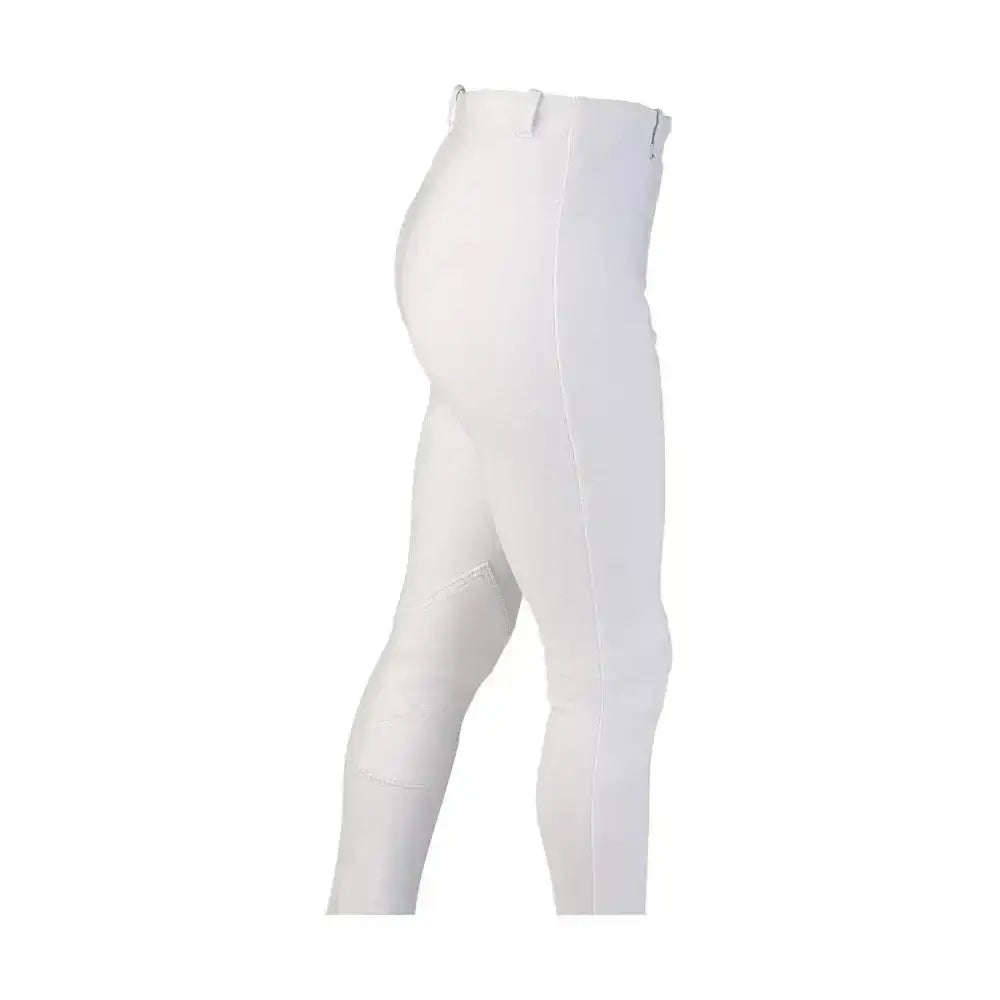 White equestrian milligan children’s jodhpurs with smooth, form-fitting design and subtle stitching details for kids