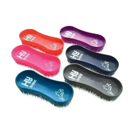 Colorful ergonomic horse hoof brushes in red pink purple blue and black with hy shine logo for equestrian miracle grooming