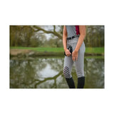 Gray equestrian mizs arabella breeches with black knee patches and subtle white side stripe for riding comfort