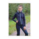 Navy blue mizs beatrice fleece zip-up riding jacket with light teal trim and reflective stitching for equestrian use