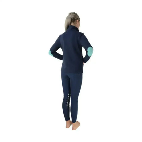 Navy blue mizs beatrice fleece equestrian jacket with light teal elbow patches and matching leggings with lace-up sides