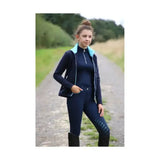 Navy blue mizs beatrice fleece equestrian jacket with light blue fleece-lined collar and zipper trim
