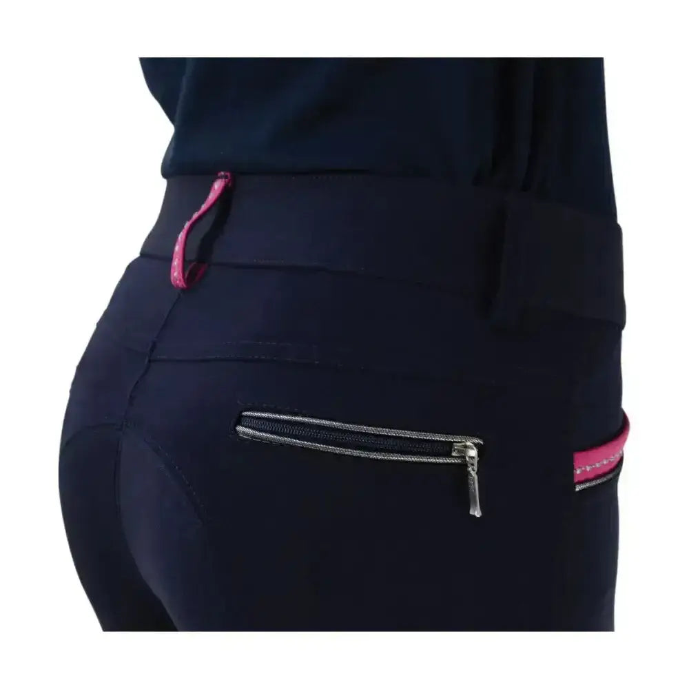 Navy blue hy equestrian mizs eugenie breeches with pink zipper pulls silver zippers silicone knee patches bi-stretch material