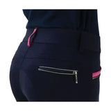 Navy blue hy equestrian mizs eugenie breeches with pink zipper pulls silver zippers silicone knee patches bi-stretch material
