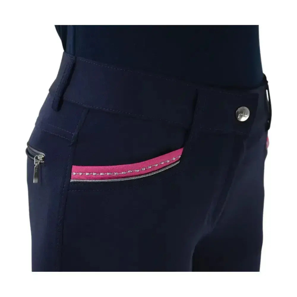 Navy blue hy equestrian mizs eugenie breeches with pink trim silver zipper made from bi-stretch material with silicone knee patches