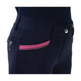 Navy blue hy equestrian mizs eugenie breeches with pink trim silver zipper made from bi-stretch material with silicone knee patches