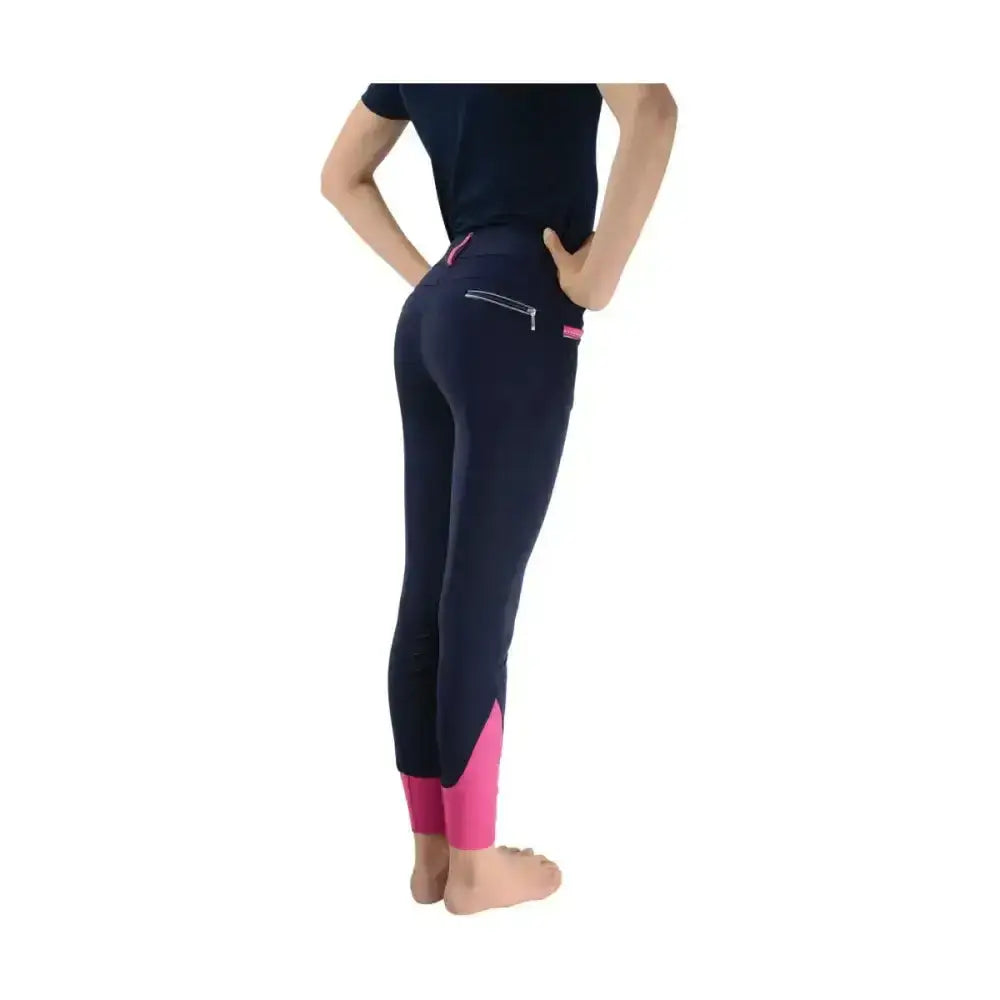 Back view of navy blue and pink mizs eugenie breeches with zippered pocket made from bi-stretch material and silicone knee patches
