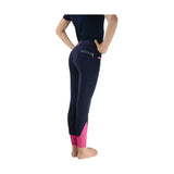 Back view of navy blue and pink mizs eugenie breeches with zippered pocket made from bi-stretch material and silicone knee patches