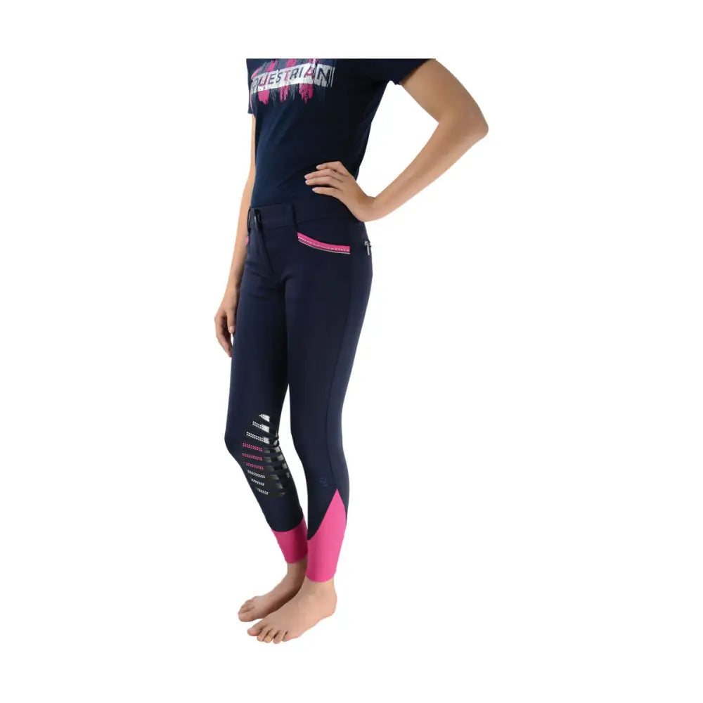 HY Equestrian Mizs Eugenie Breeches Navy/Pink 22" Riding Breeches Barnstaple Equestrian Supplies