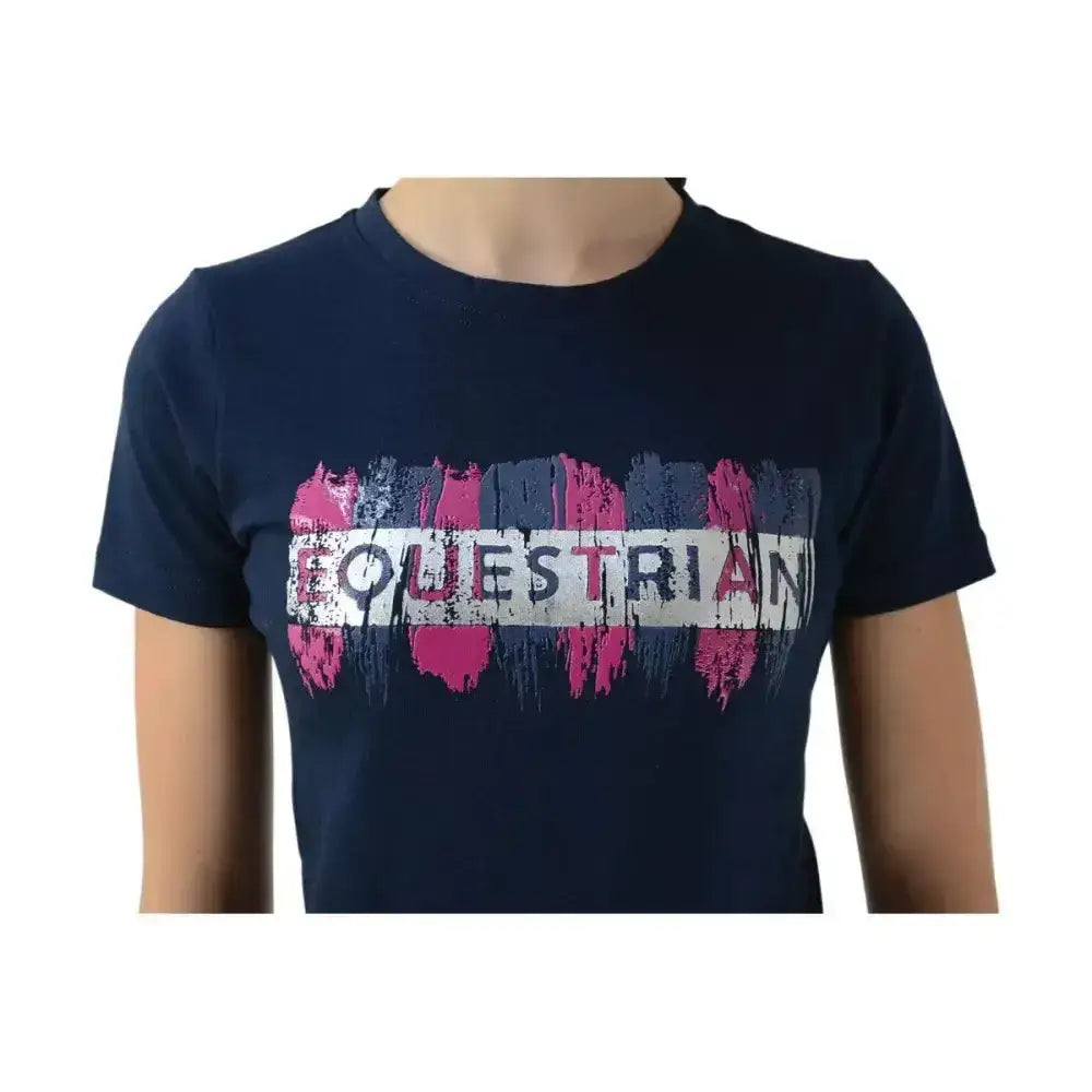 Navy blue short-sleeved mizs eugenie t-shirt with distressed pink white gray equestrian mizs eugenie graphic across chest