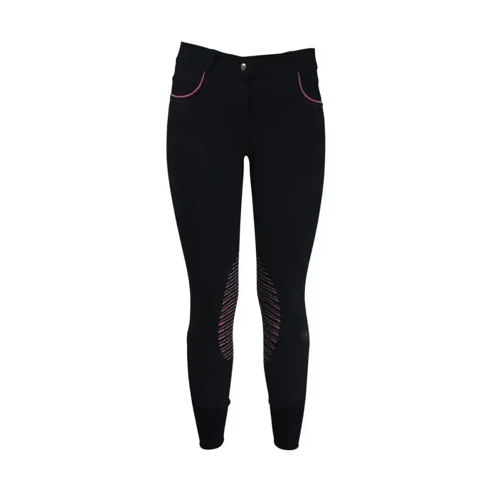 Black equestrian mizs passion breeches with pink stitching and iridescent thigh panels perfect for riding breeches
