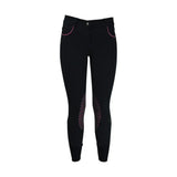 Black equestrian mizs passion breeches with pink stitching and iridescent thigh panels perfect for riding breeches