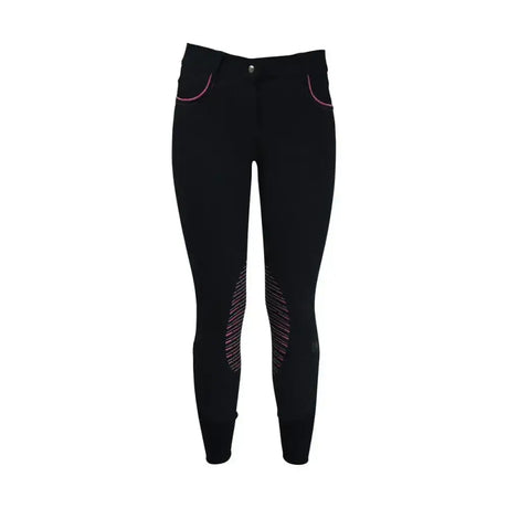 Black equestrian mizs passion breeches with pink stitching and iridescent thigh panels perfect for riding breeches