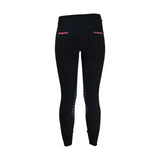 Black equestrian mizs passion riding breeches with pink zippers and white reflective stripes on outer thighs