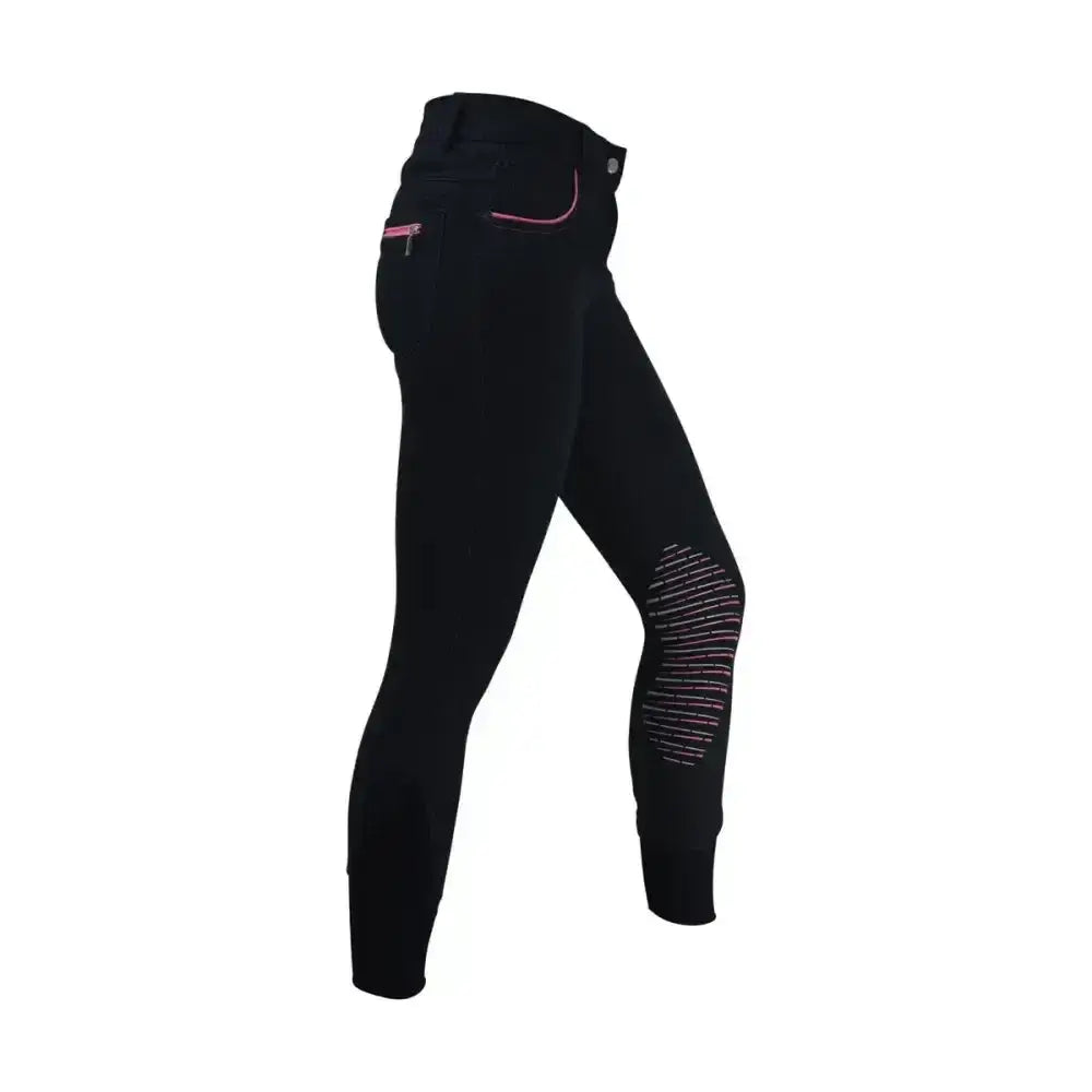 Black equestrian mizs passion breeches with pink zippers and subtle striped knee detailing perfect for riding breeches