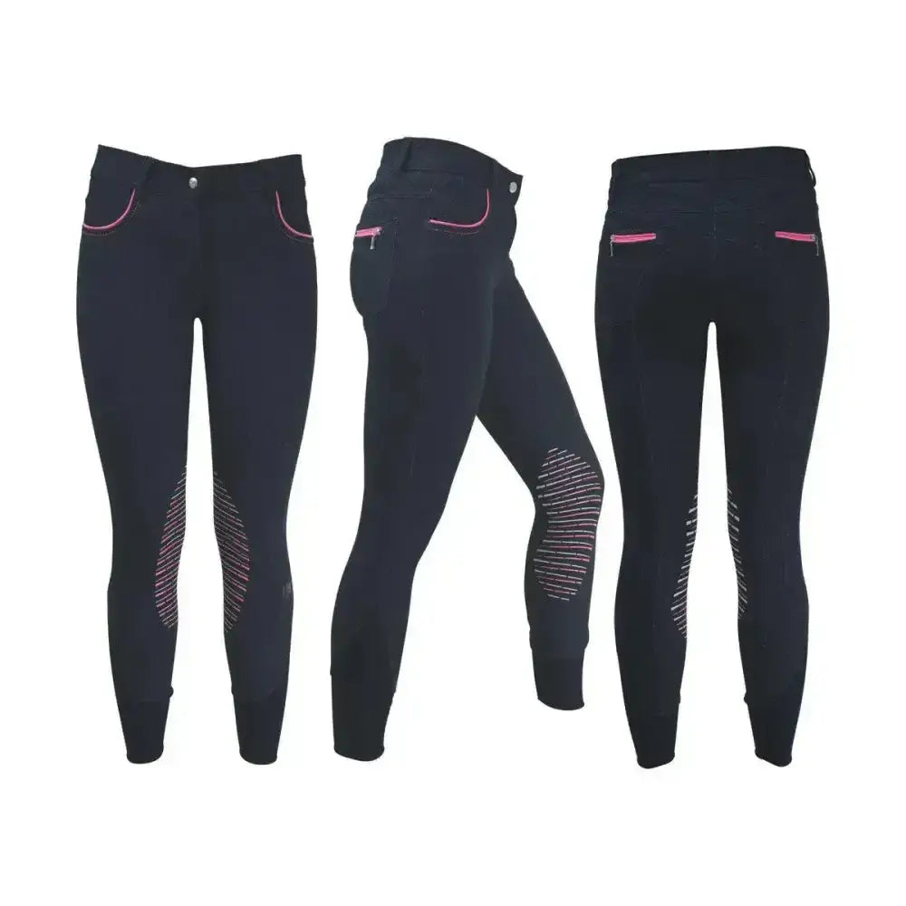 Black equestrian mizs passion breeches with pink stitching and reflective thigh panels perfect riding breeches