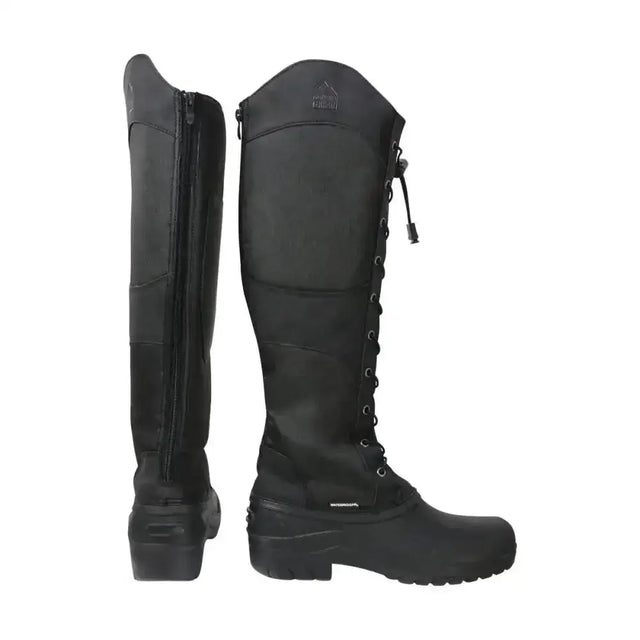 Black equestrian mont maudit knee-high winter boots with waterproof material and reinforced stitching for durability