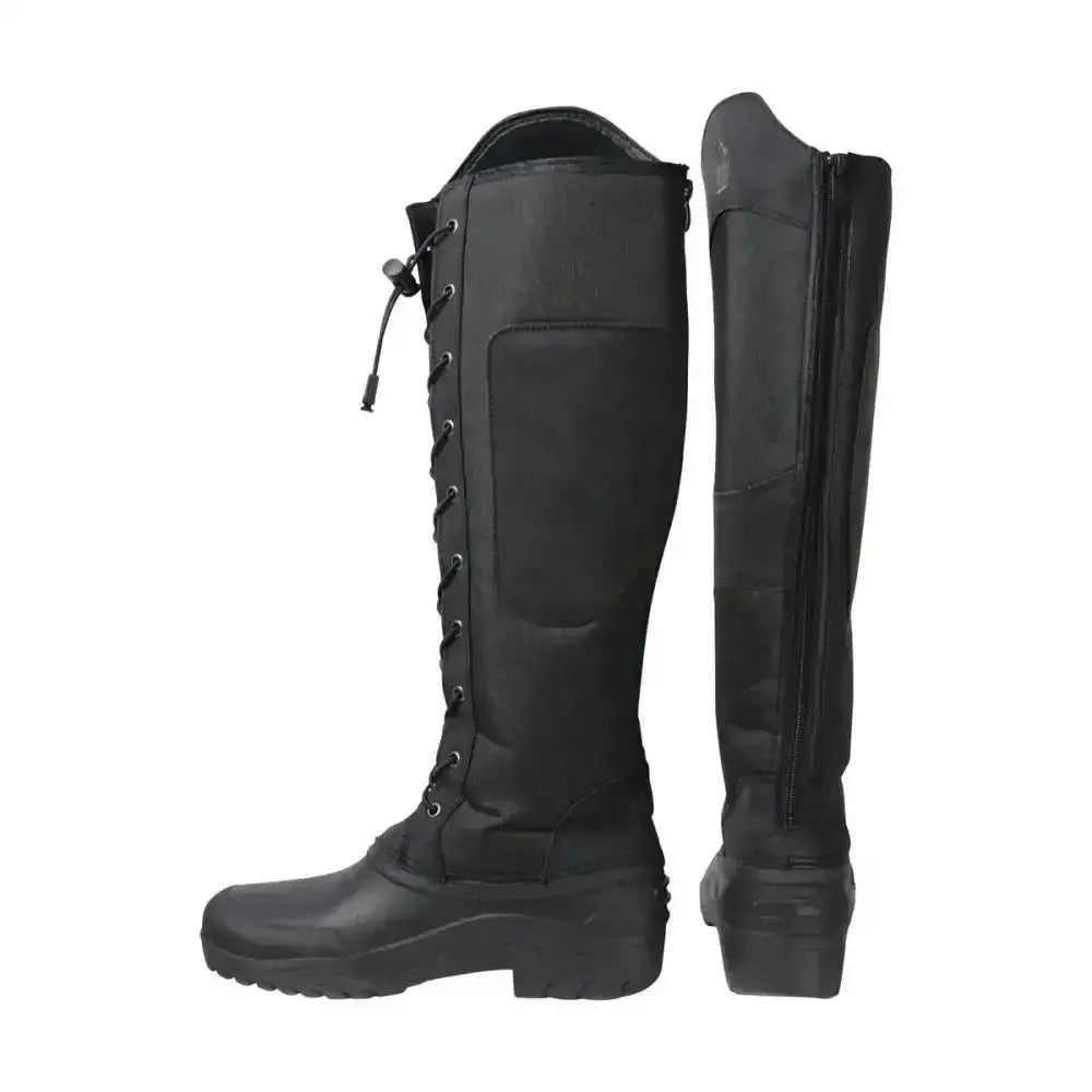 Black knee-high equestrian mont maudit winter boots with laces and side zipper for riding and cold weather use
