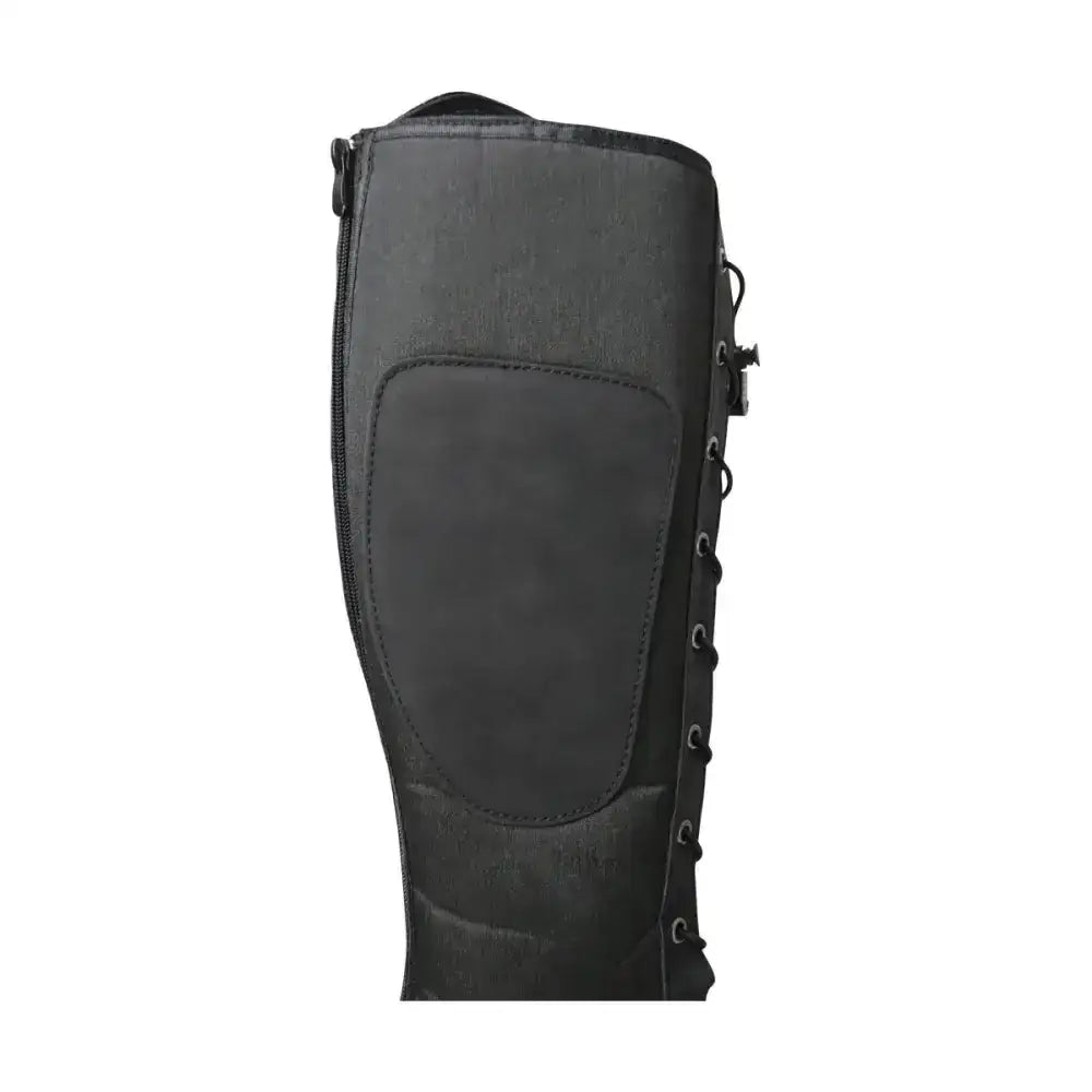 Black padded equestrian mont maudit winter leg guard with reinforced stitching and adjustable lacing system