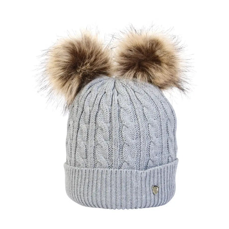 Light gray cable-knit hy equestrian morzine children’s bobble hat with two brown faux fur pom-poms on top