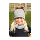 Light gray knitted hy equestrian morzine children’s bobble hat with two fluffy brown faux fur pom-poms on top
