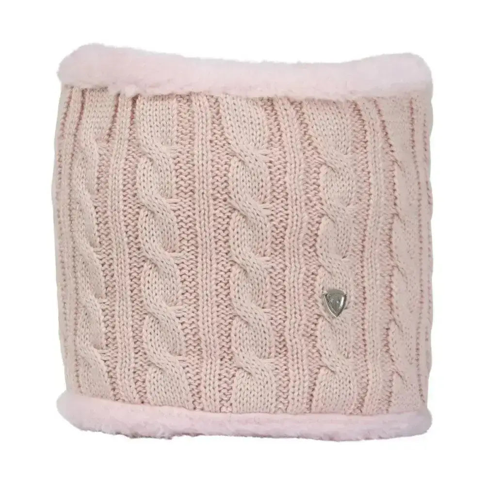 A soft blush pink fleece lined knitted snood with cable knit pattern from hy equestrian morzine for kids
