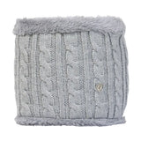 Gray fleece lined knitted snood with cable knit texture and metallic logo in the equestrian morzine children’s snood range