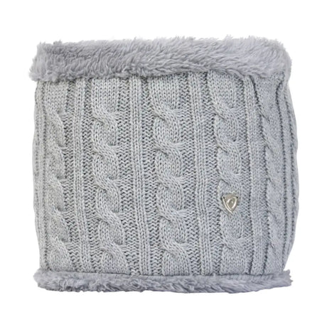 Gray fleece lined knitted snood with cable knit texture and metallic logo in the equestrian morzine children’s snood range