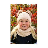 Cream-colored fleece lined knitted snood with fluffy faux fur ears from hy equestrian morzine children’s snood collection