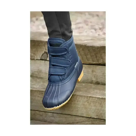Navy blue hy equestrian waterproof muck boot for childs with three velcro straps and light brown sole