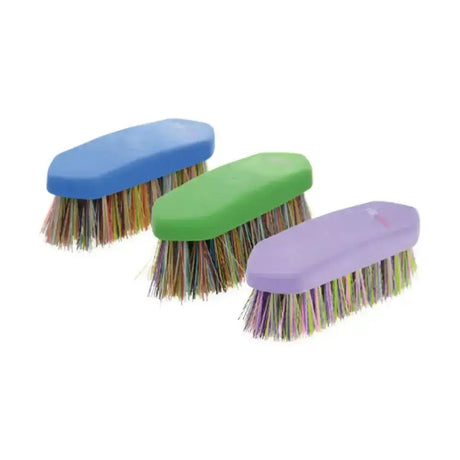 Three colorful hy equestrian multi colour dandy brushes with stiff pp bristles and small hexagon handles in blue green and purple
