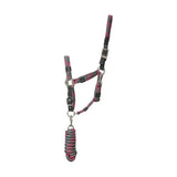 Hy equestrian multicolour adjustable woven horse halter in pink and gray with black buckles and matching lead rope