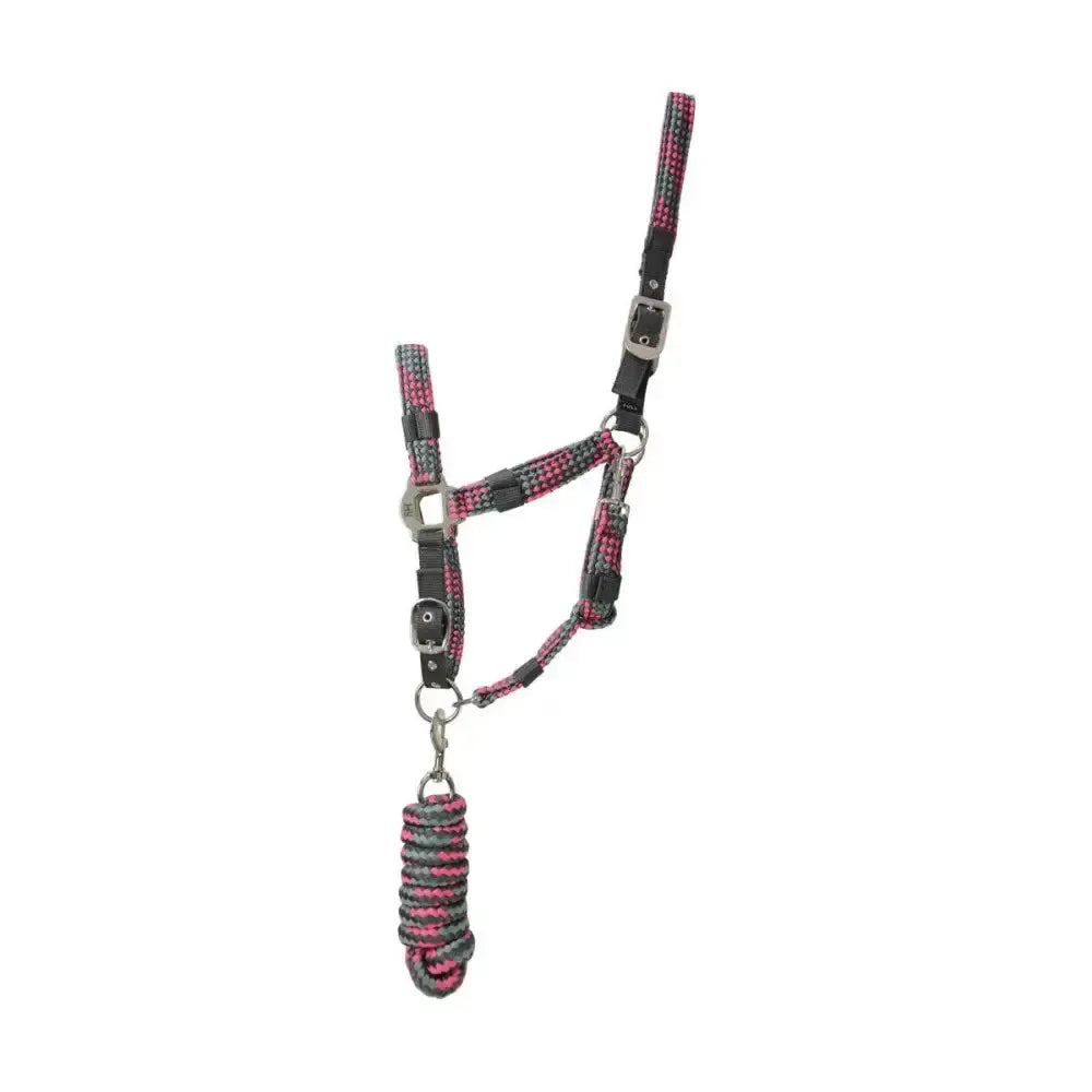 Hy Equestrian Multicolour Adjustable Head Collar with Rope Dark Grey/Grey/Pink Pony Headcollar Sets