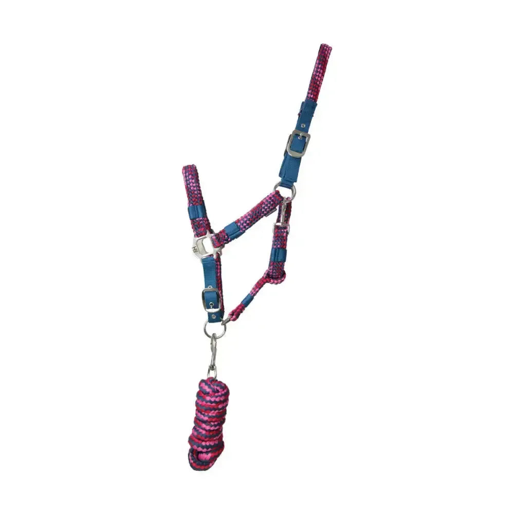 Hy Equestrian Multicolour Adjustable Head Collar with Rope Petrol/Pink/Magenta Pony Headcollar Sets