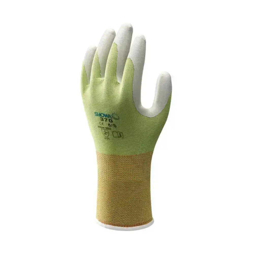 Light green and tan hy equestrian multipurpose stable glove with white fingertips and textured grip surface