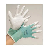 Light green and white hy equestrian multipurpose stable glove with textured grip on fingers for versatile use