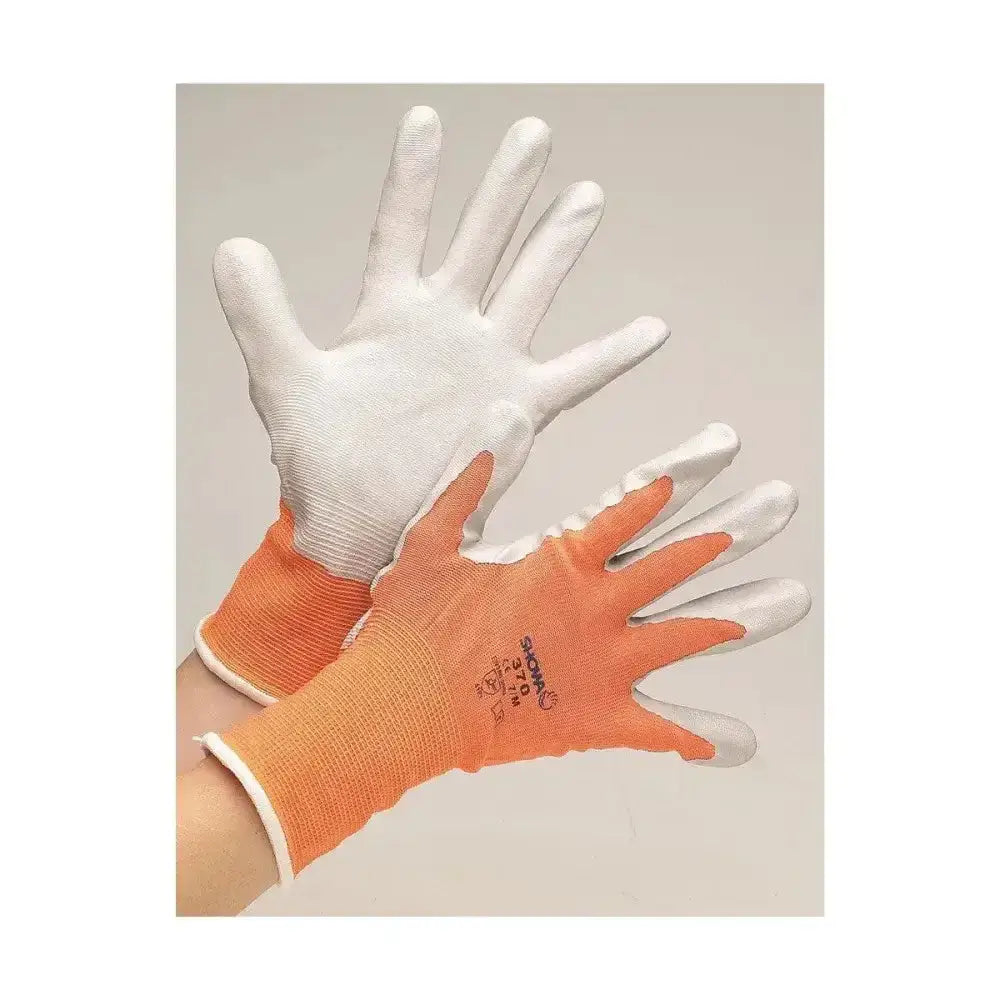 Orange and white hy equestrian multipurpose stable glove with textured grip coating on fingers for better handling