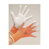 Orange and white hy equestrian multipurpose stable glove with textured grip coating on fingers for better handling