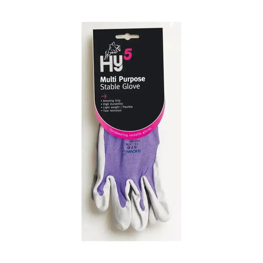 Purple and white hy5 equestrian multipurpose stable glove with reinforced grip on fingers for better handling