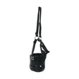 Black mesh equestrian muzzle with adjustable nylon straps and silver logo patch designed as a grazing muzzle