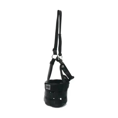 Black hy equestrian mesh nylon muzzle with adjustable straps and silver logo patch designed as a grazing muzzle