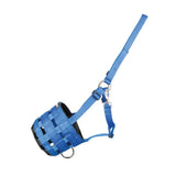 Blue hy equestrian nylon muzzle designed with adjustable straps and metal hardware for grazing and control