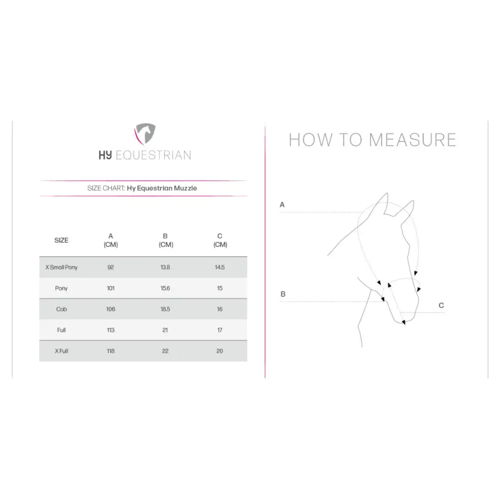 Hy equestrian muzzle size chart with measurement guide for nylon grazing muzzle designed for various horse types