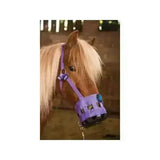 Purple nylon equestrian muzzle with blue decorative accents and chain attachment designed for grazing muzzle use